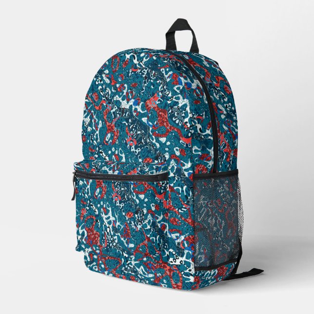 Red Teal Black White Spotted Graphic Abstraction Printed Backpack (Back Corner Right)