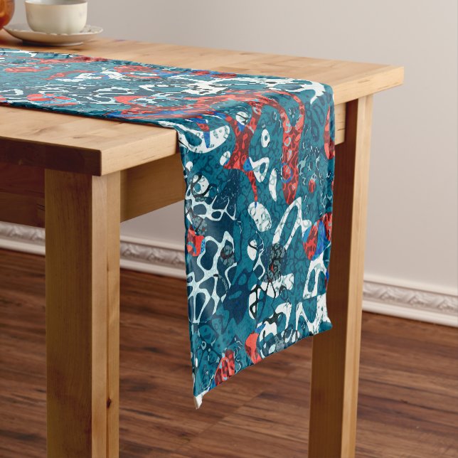 Red Teal Black White Spotted Graphic Abstraction Short Table Runner (In Situ)