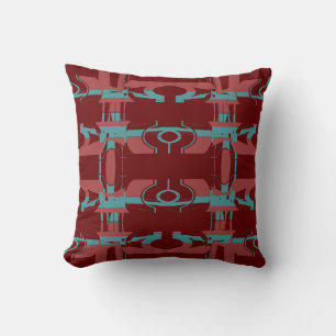 Red Teal Blue Burgundy Mediterranean Symmetrical Throw Pillow