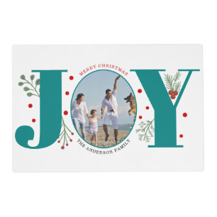 Red, teal blue Joy berries Christmas holiday photo Placemat