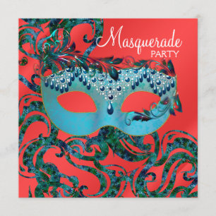 Red Teal Blue Masquerade Party Invitations