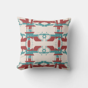 Red Teal Blue on Beige Symmetrical Mediterranean  Throw Pillow