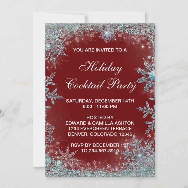 Red Teal Blue Snowflake Christmas Party Invitation (Front)