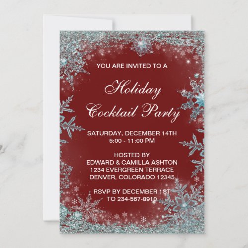 Red Teal Blue Snowflake Christmas Party Invitation