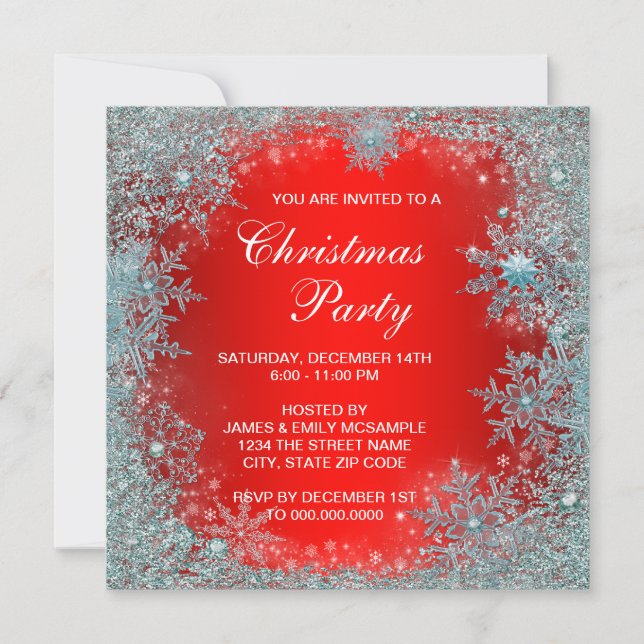 Red Teal Blue Snowflake Christmas Party Invitation (Front)