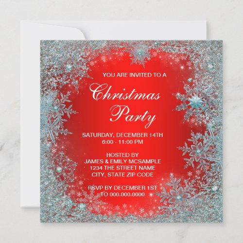 Red Teal Blue Snowflake Christmas Party Invitation