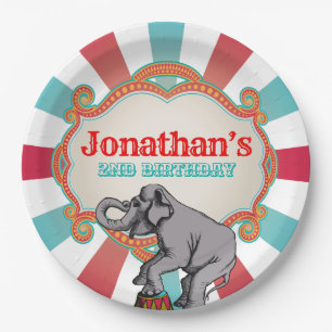 Red Teal Blue Vintage Circus Birthday Paper Plates