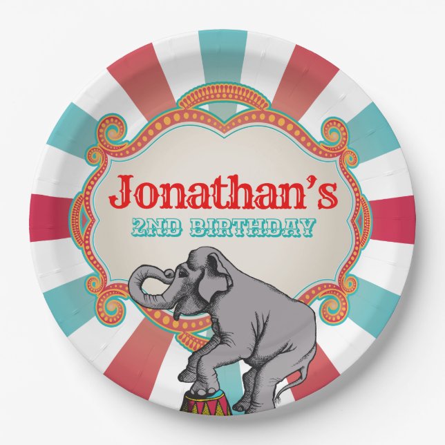 Red Teal Blue Vintage Circus Birthday Paper Plates (Front)