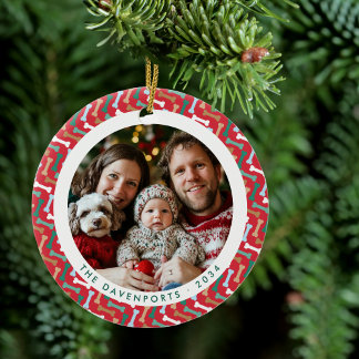 Red & Teal Bone Pattern Dog Family 2 Photos Ceramic Ornament