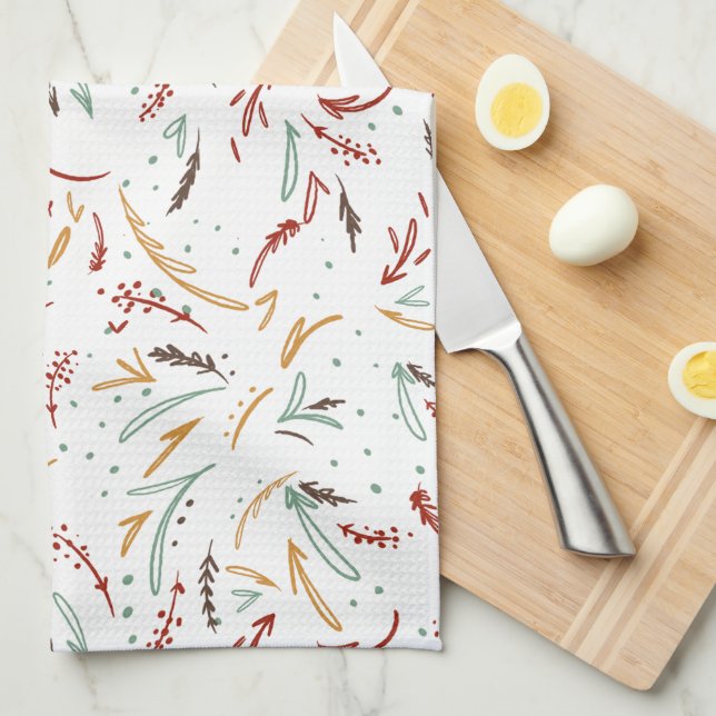 Red Teal & Brown Leaves and Berry Holiday Kitchen Towel (Quarter Fold)