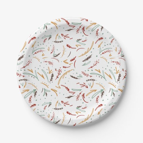 Red Teal  Brown Leaves and Berry Holiday Paper Plates