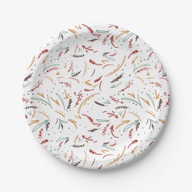 Red Teal & Brown Leaves and Berry Holiday Paper Plates (Front)