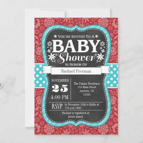 Red Teal Chalkboard Floral Baby Shower Invite