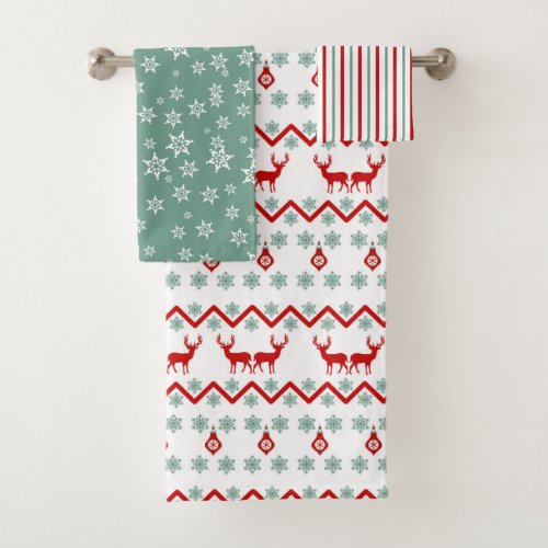Red Teal Christmas Reindeer Nordic Pattern Bath Towel Set
