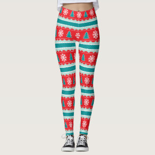 Red Teal Christmas Striped Pattern Leggings