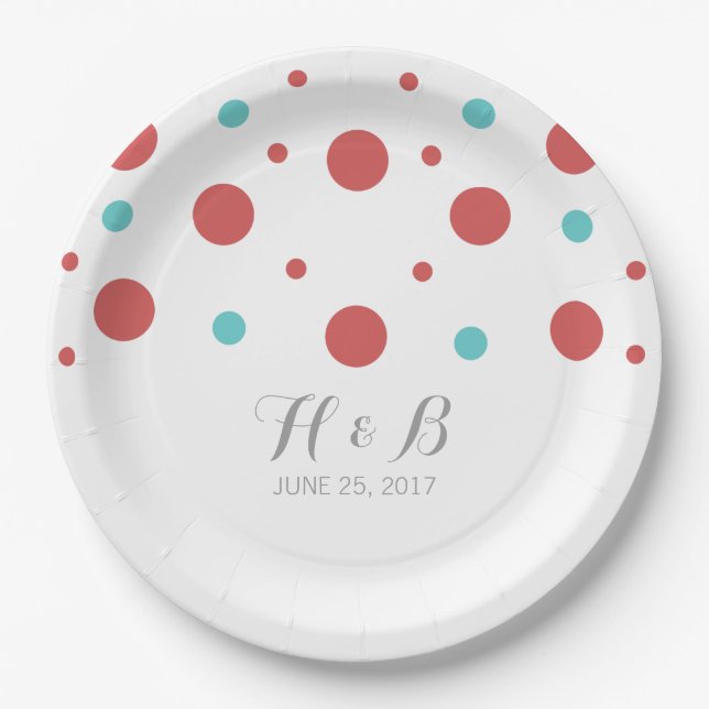 Red Teal Confetti Wedding Paper Plates (Front)