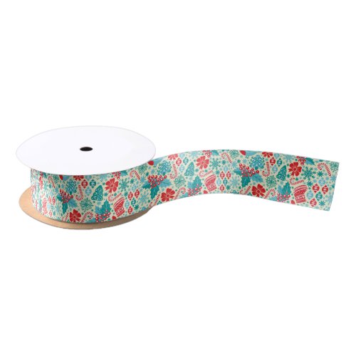 Red  Teal Cutie Holiday Pattern Satin Ribbon