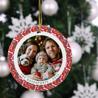 Red & Teal Dog Bone Family Photo 2-sided Ceramic Ornament