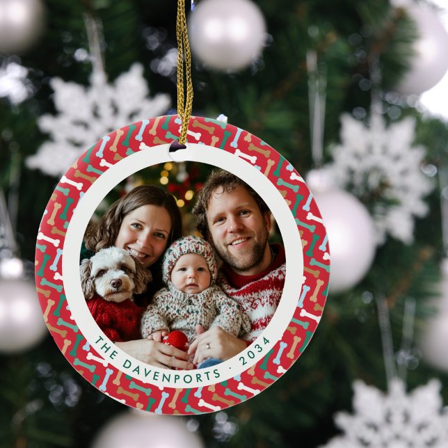 Red & Teal Dog Bone Family Photo 2-sided Ceramic Ornament (Red & Teal Dog Bone Family Photo 2-sided Ceramic Ornament)