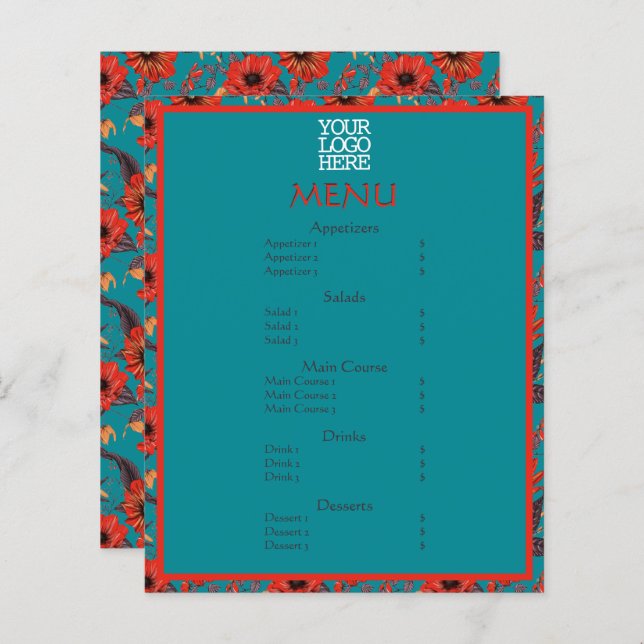 Red Teal Floral Cafe Restaurant Menu (Front/Back)