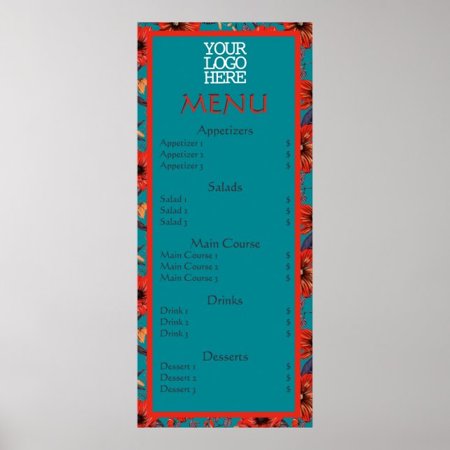 Red Teal Floral Cafe Restaurant Menu Poster (Front)