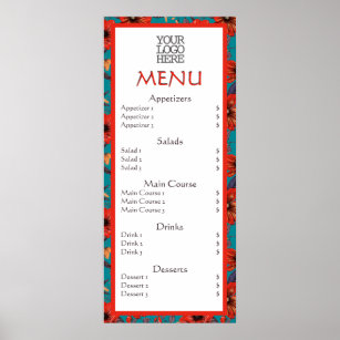 Red Teal Floral Cafe Restaurant Menu Poster