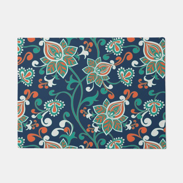 Red Teal Floral Wallpaper Pattern Doormat (Front)