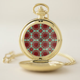 Red Teal Geometric Mandala Pocket Watch