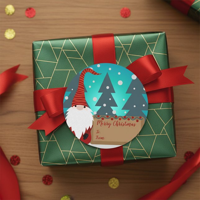 Red Teal Gnome Merry Christmas To From Classic Round Sticker (Creator Uploaded)