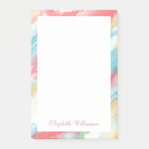 Red Teal Gold Watercolor Border Monogram Name Post_it Notes