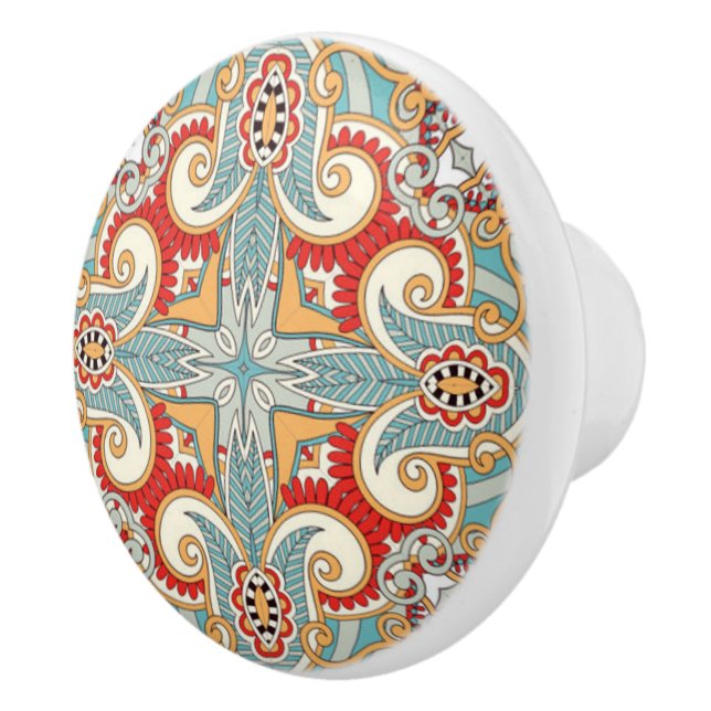Red Teal Gray Blue Sunny Yelllow Kaleidoscope Art Ceramic Knob (Right)