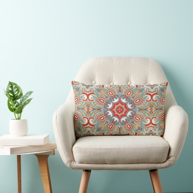 Red Teal Gray Blue Sunny Yelllow Kaleidoscope Art Lumbar Pillow (Chair)