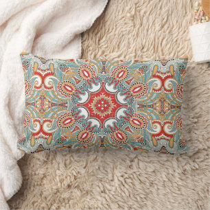 Red Teal Gray Blue Sunny Yelllow Kaleidoscope Art Lumbar Pillow