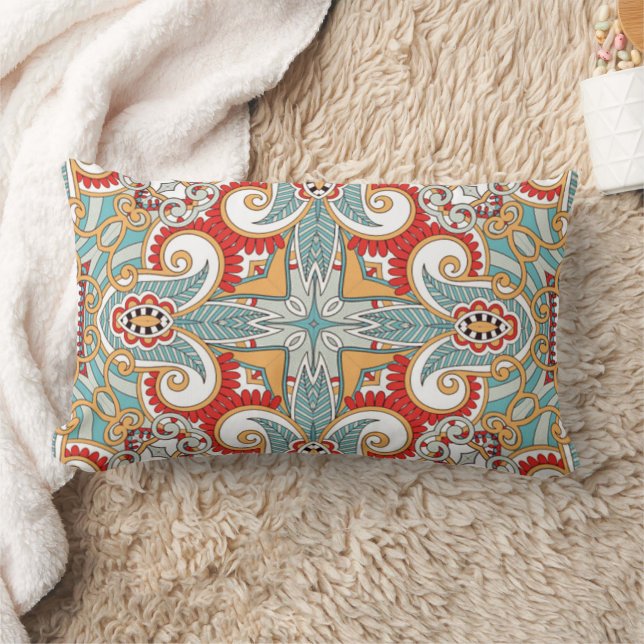 Red Teal Gray Blue Sunny Yelllow Kaleidoscope Art Lumbar Pillow (Blanket)