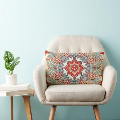 Red Teal Gray Blue Sunny Yelllow Kaleidoscope Art Lumbar Pillow