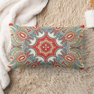 Red Teal Gray Blue Sunny Yelllow Kaleidoscope Art Lumbar Pillow