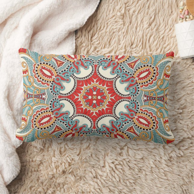 Red Teal Gray Blue Sunny Yelllow Kaleidoscope Art Lumbar Pillow (Blanket)