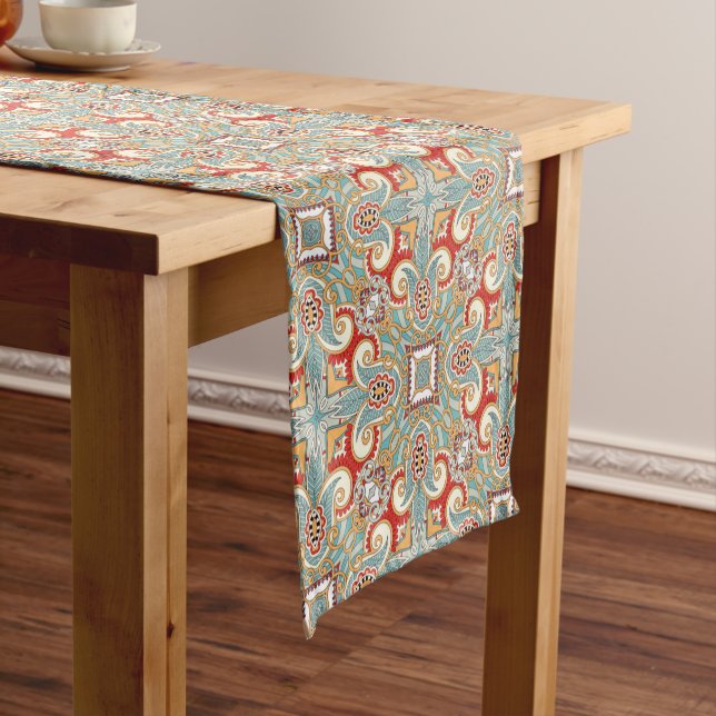 Red Teal Gray Blue Sunny Yelllow Kaleidoscope Art Short Table Runner (In Situ)