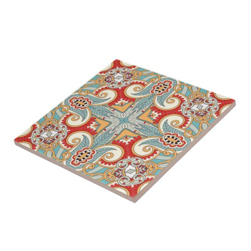 Red Teal Gray Blue Sunny Yelllow Kaleidoscope Art Tile