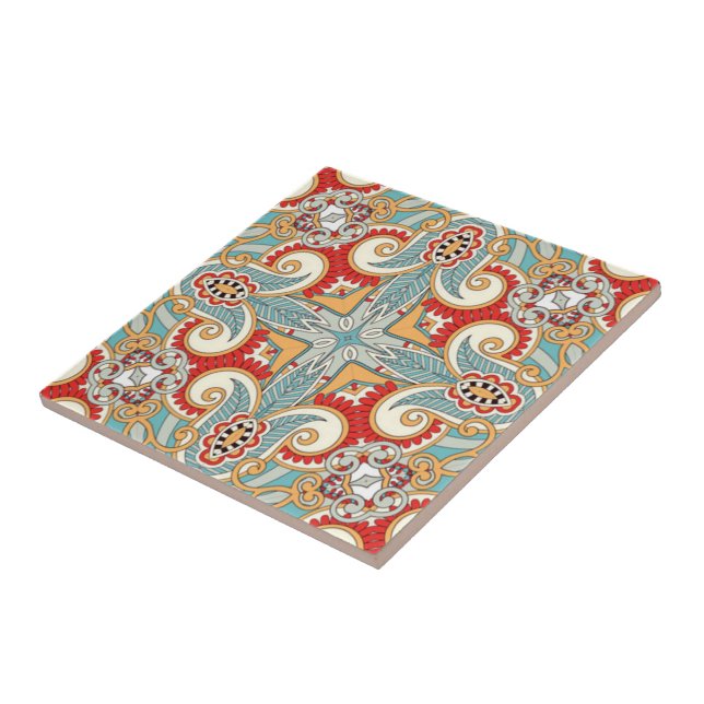 Red Teal Gray Blue Sunny Yelllow Kaleidoscope Art Tile (Side)