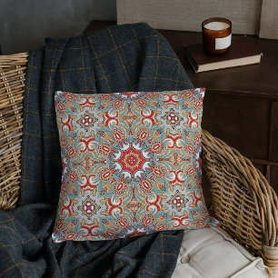 Red Teal Gray Blue Sunny Yellow Kaleidoscope Art Throw Pillow