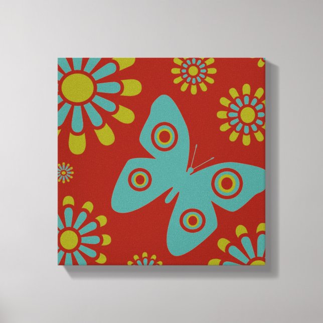 Red Teal Green Flowers Butterfly Canvas Art (Front)