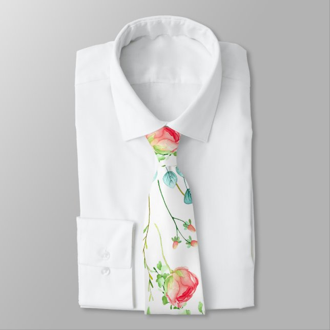 Red teal green watercolor roses summer pattern neck tie (Tied)