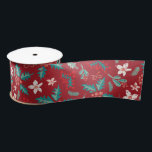 Red Teal Holly Berries Christmas Floral Pattern Satin Ribbon<br><div class="desc">If you need any further customisation please feel free to message me on yellowfebstudio@gmail.com.</div>