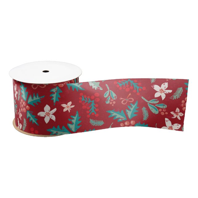 Red Teal Holly Berries Christmas Floral Pattern Satin Ribbon (Spool)