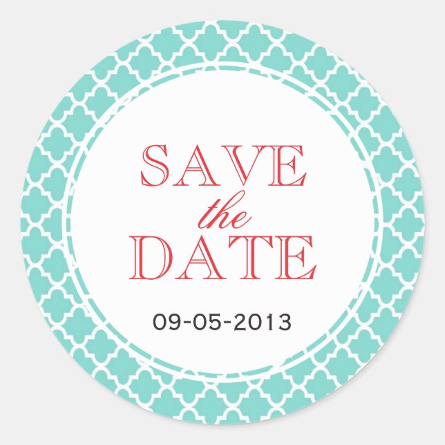 Red teal Moroccan tile SAVE THE DATE wedding seal (Front)
