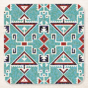 Red & Teal Native American Indians Navajo Pattern Square Paper Coaster