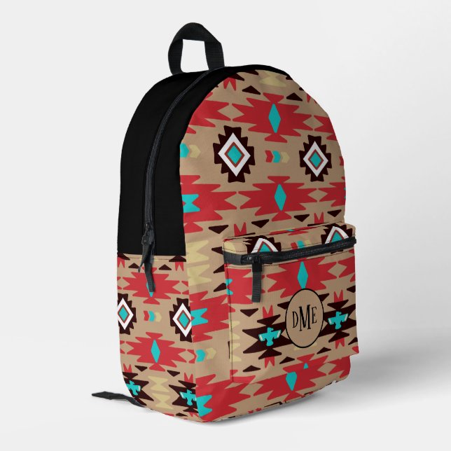Red Teal Native American Vision Monogram Printed Backpack (Back Corner Left)