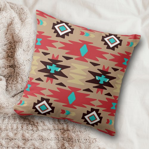 Red Teal Native American Vision Pattern Throw Pillow