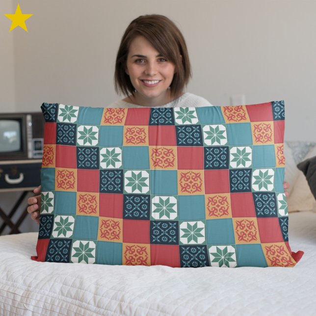 Red Teal Orange Classic European Mosaic Tiles Pillow Case (Creator Uploaded)